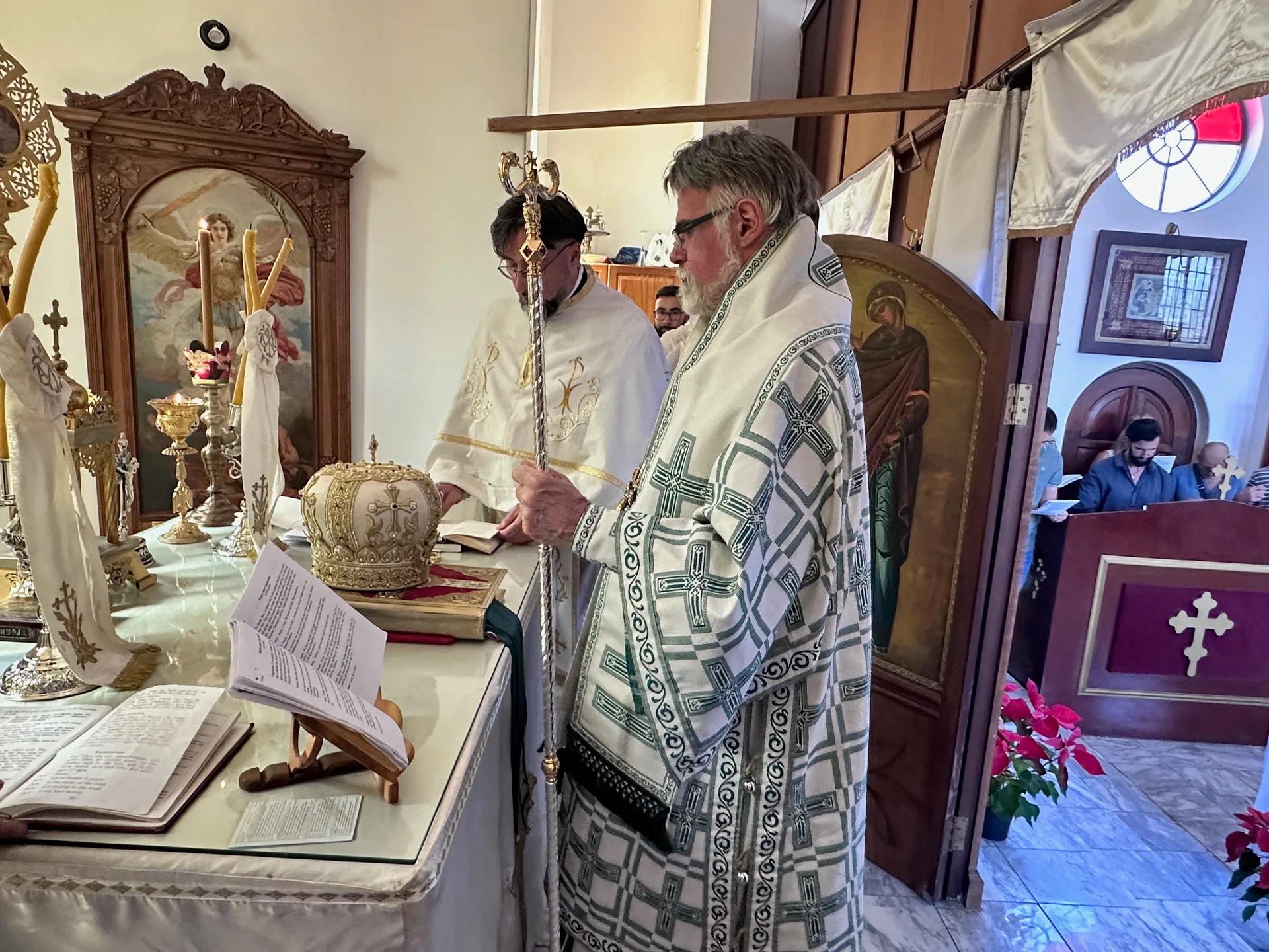 Father Isajlo and the bishop serving at the Holy Table during Sunday Divine Liturgy at St Thomas Serbian Orthodox Church