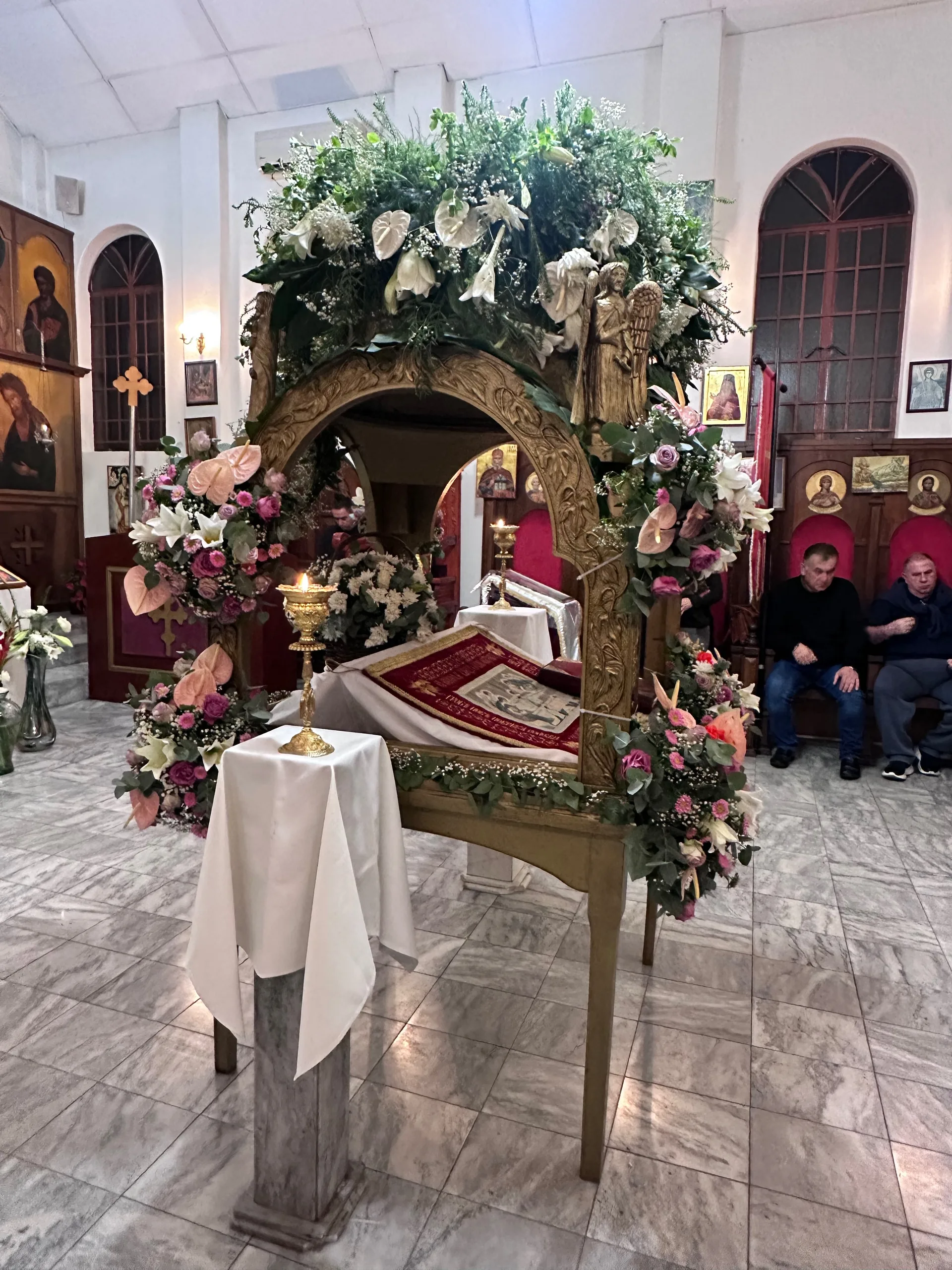 A close view of the Plashchanitsa, or Epitaphios, arranged as Christ's tomb for Holy Friday prayers